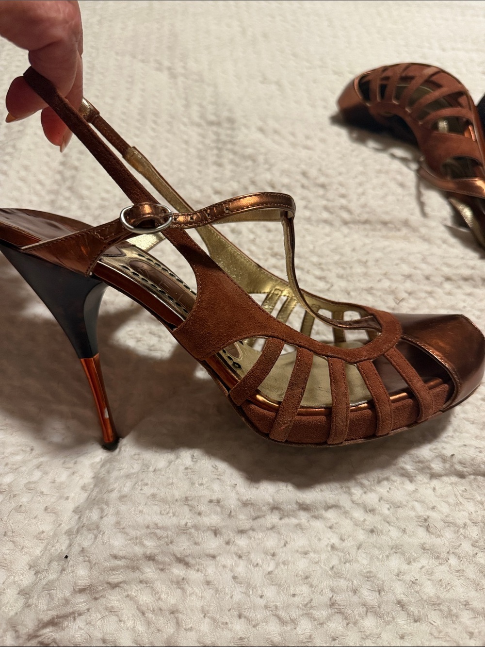 Women's Brown Suede & Metallic Bronze Strappy High Heel Sandals